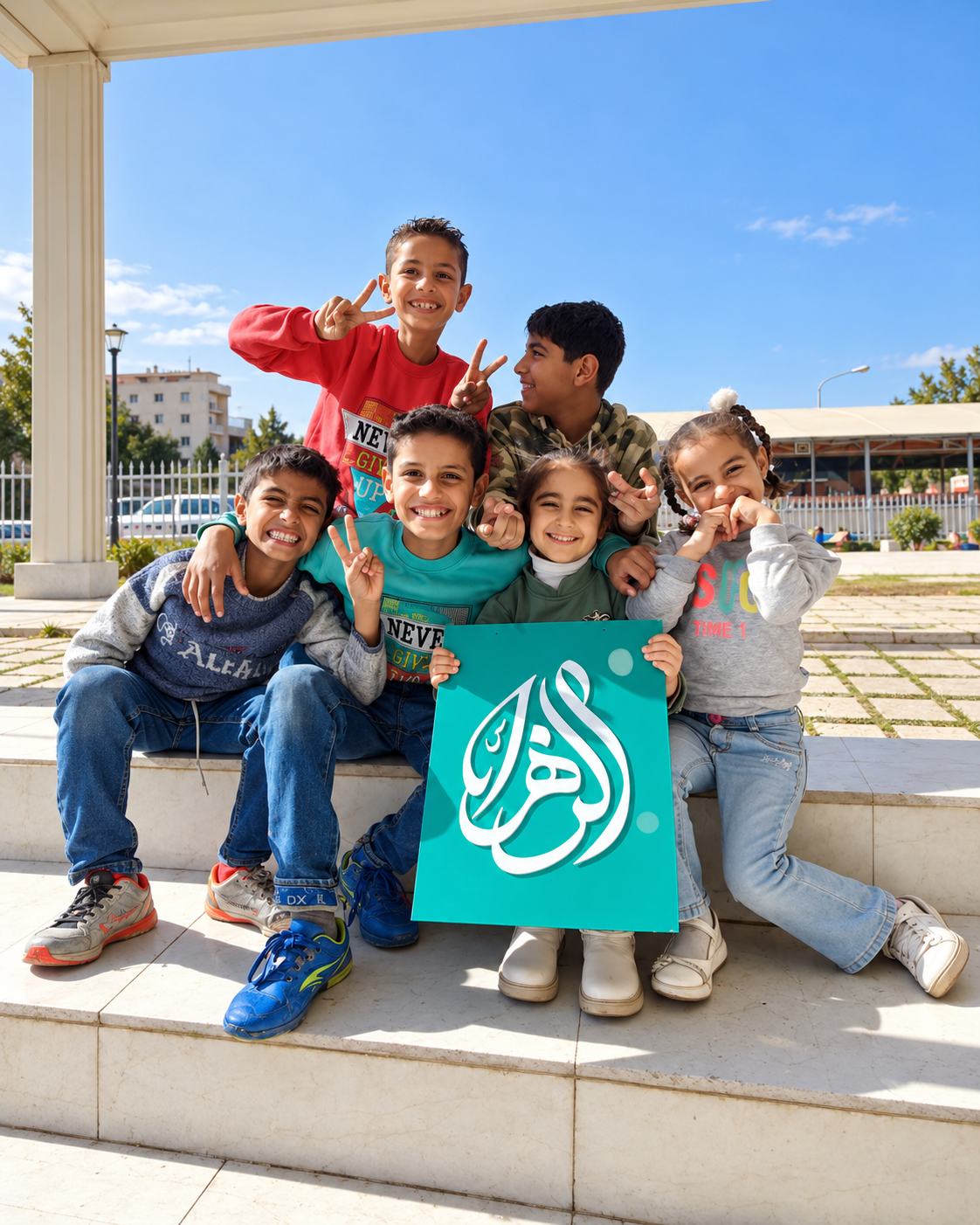 A group of smiling children sitting on steps outdoors, one holding a teal Zahra Trust sign